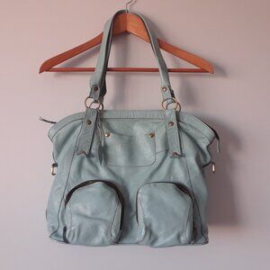 Light Blue Leather Shoulder Tote Bag European Handmade